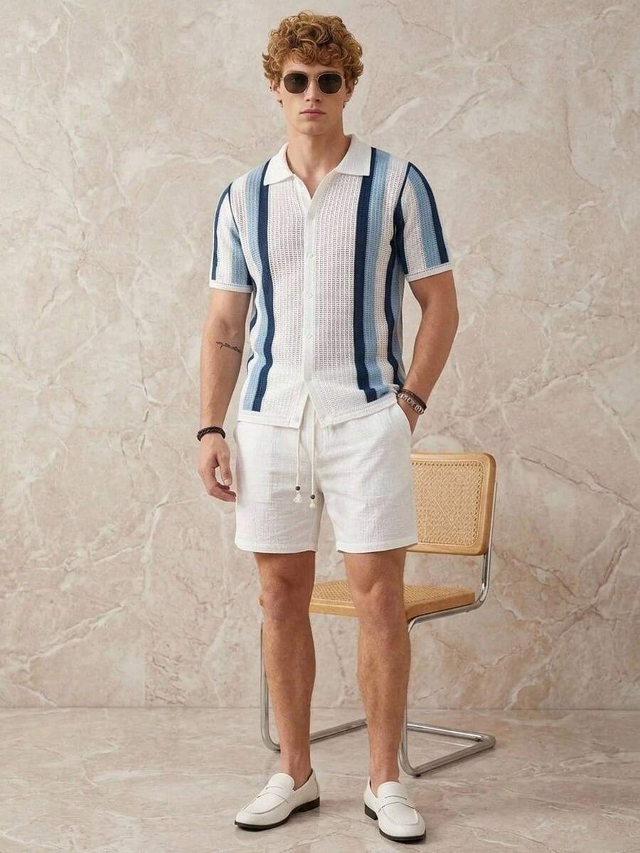 Mens Short Sleeve Crochet Knit Shirt Stripe Button Front – Vanto