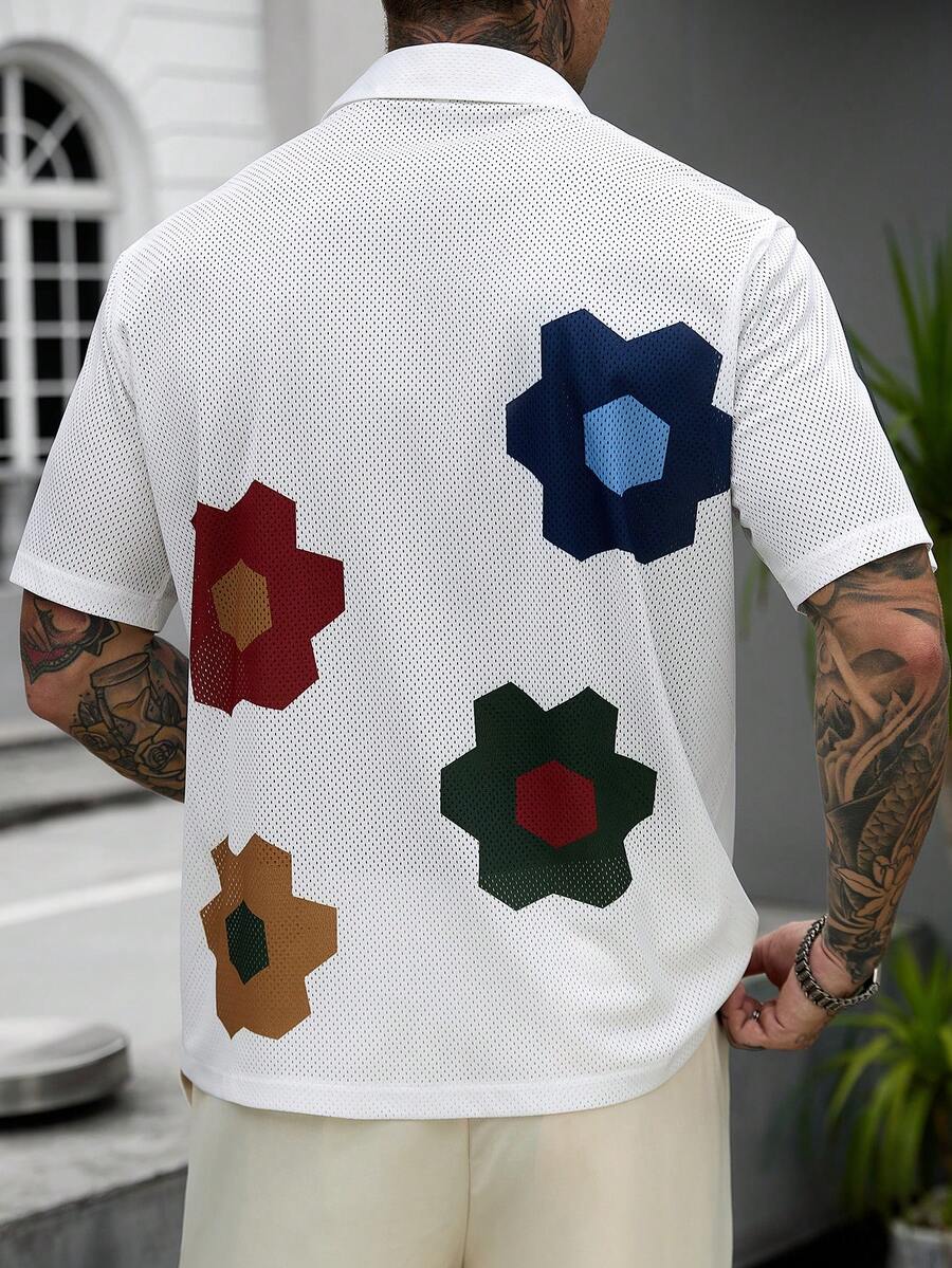 Mens Short Sleeve Crochet Knit Shirt Open Weave Casual Summer