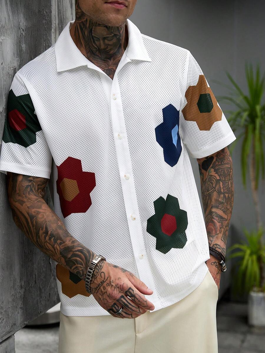 Mens Short Sleeve Crochet Knit Shirt Open Weave Casual Summer
