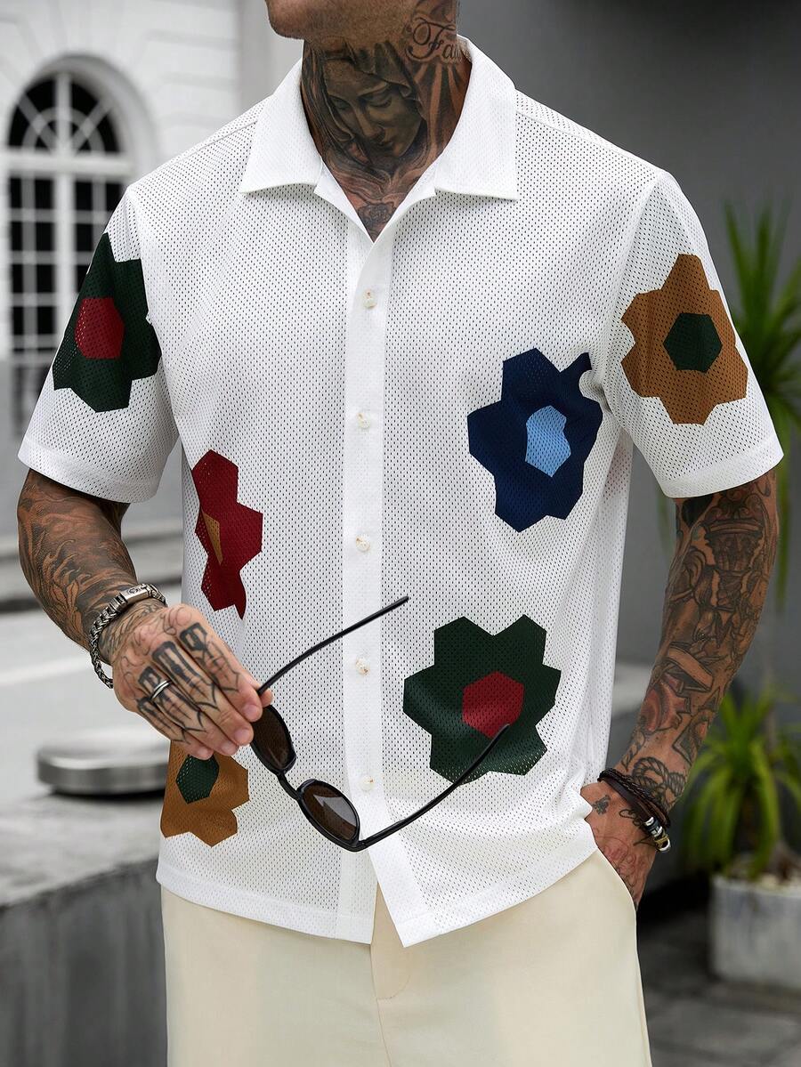 Mens Short Sleeve Crochet Knit Shirt Open Weave Casual Summer