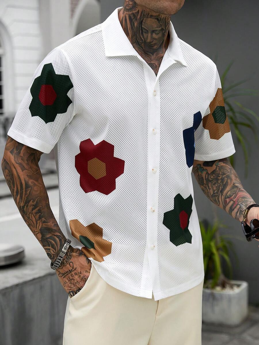Mens Short Sleeve Crochet Knit Shirt Open Weave Casual Summer