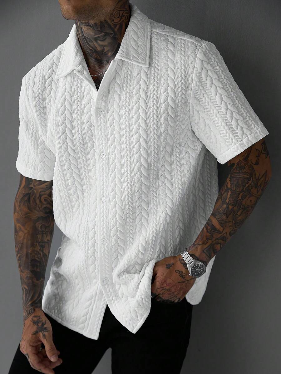 Mens Short Sleeve Crochet Knit Shirt Open Weave Casual Summer