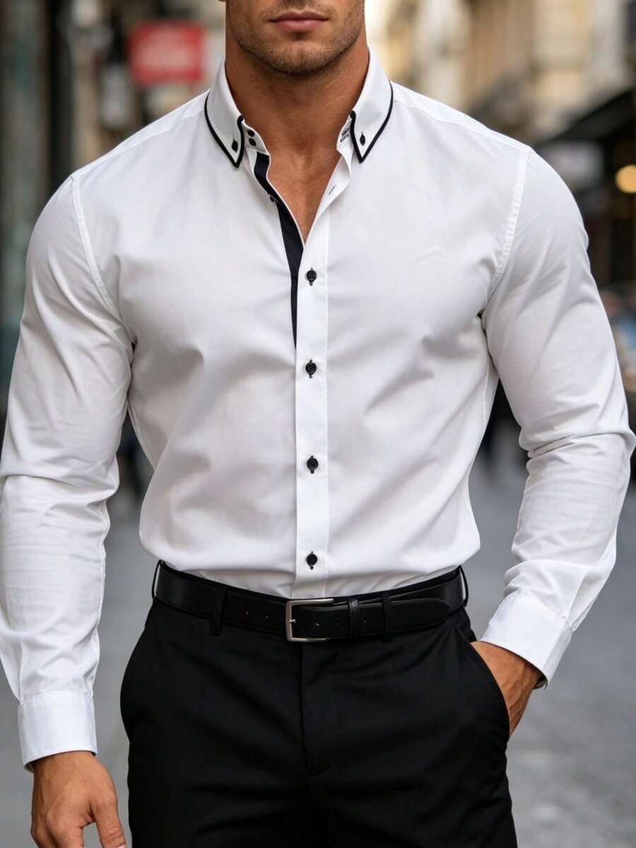 Shirt Shop Stand Collar Button-Up Long Sleeve Polyester Stretch – Marvo