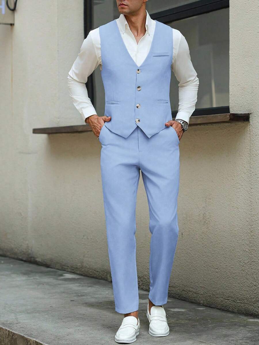 Mens Pant and Vest Set Woven Polyester V-Neck Sleeveless 2-Piece Formal – Galso