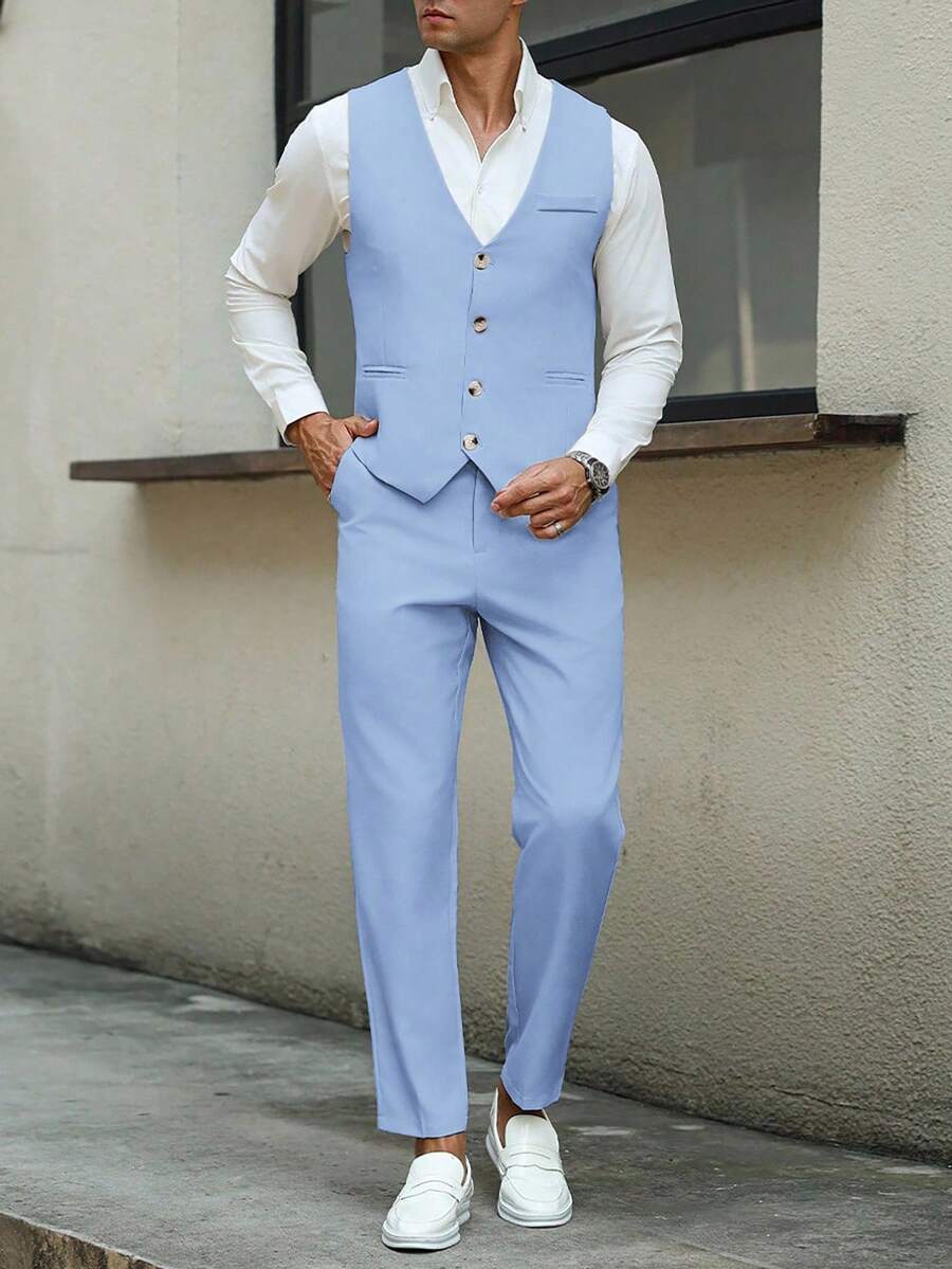 Mens Pant and Vest Set Woven Polyester V-Neck Sleeveless 2-Piece Formal – Galso