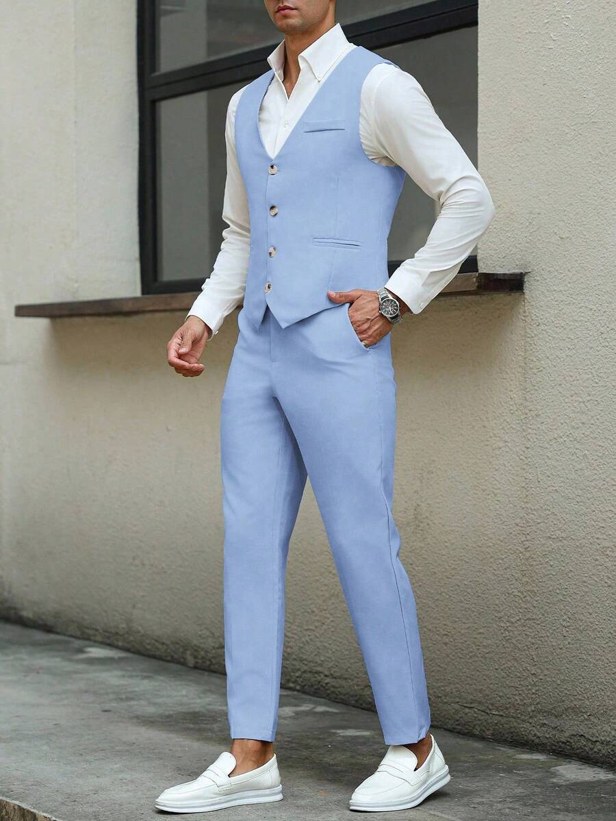 Mens Pant and Vest Set Woven Polyester V-Neck Sleeveless 2-Piece Formal – Galso
