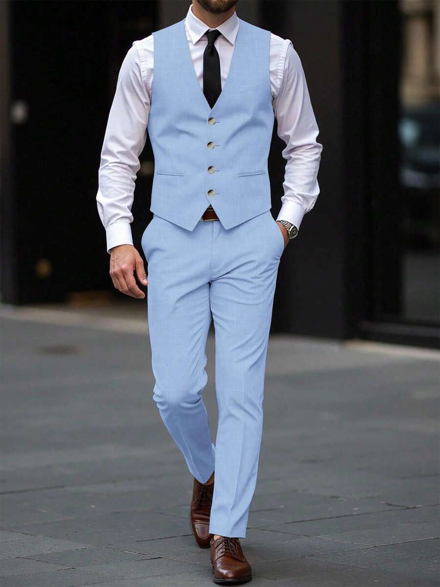 Mens Pant and Vest Set Woven Polyester V-Neck Sleeveless 2-Piece Formal – Galso