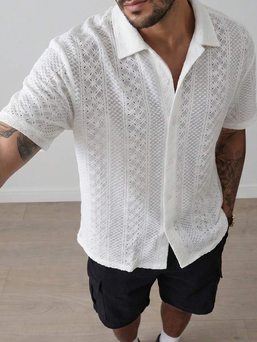 Mens Short Sleeve Crochet Shirt Jacquard Stripe Loose Fit – Darco