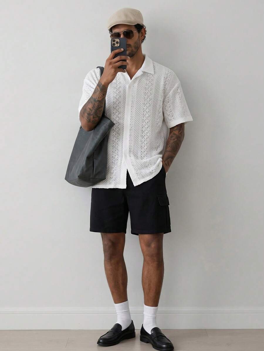 Mens Short Sleeve Crochet Shirt Jacquard Stripe Loose Fit – Darco