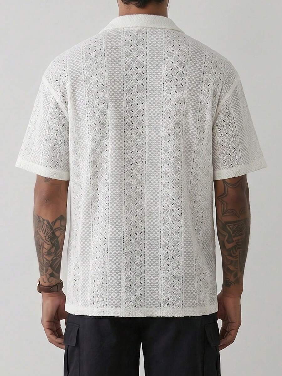 Mens Short Sleeve Crochet Shirt Jacquard Stripe Loose Fit – Darco