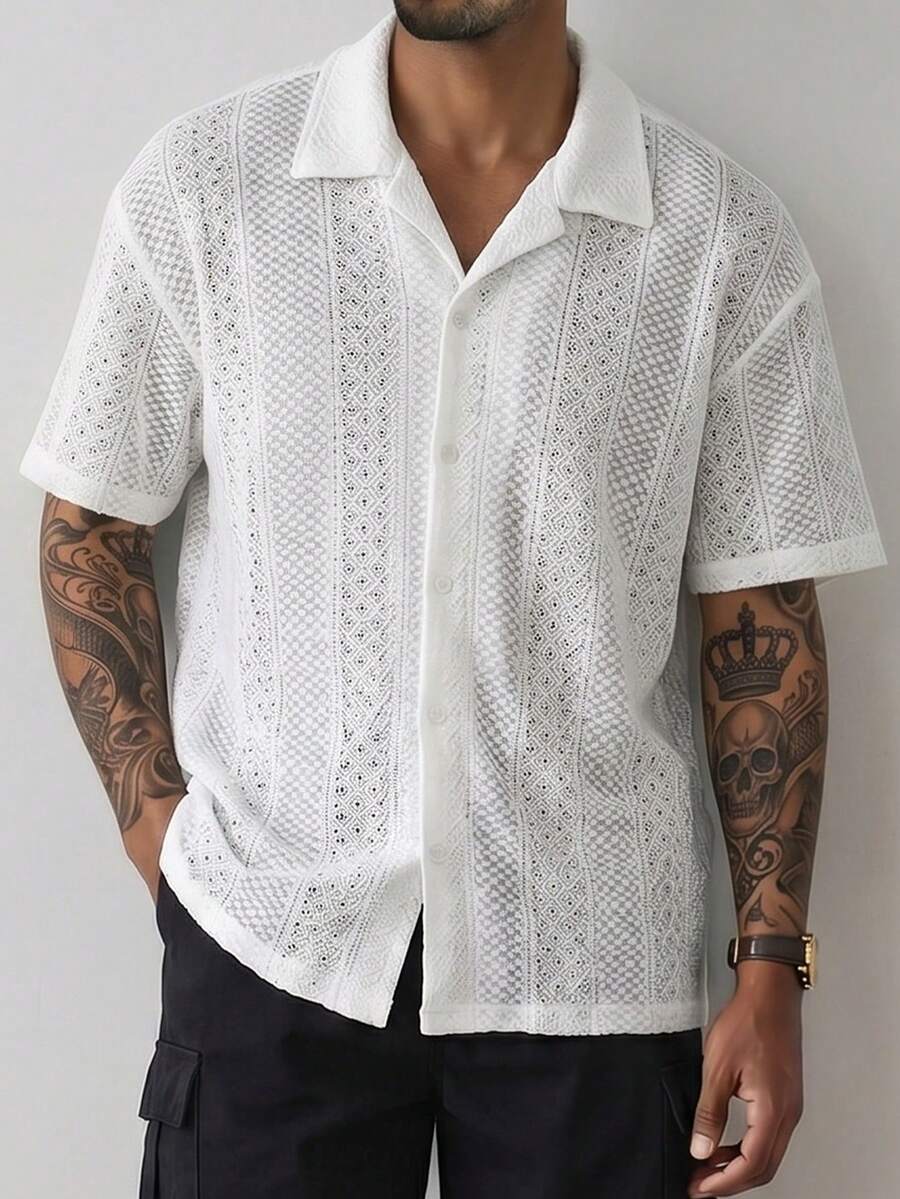 Mens Short Sleeve Crochet Shirt Jacquard Stripe Loose Fit – Darco