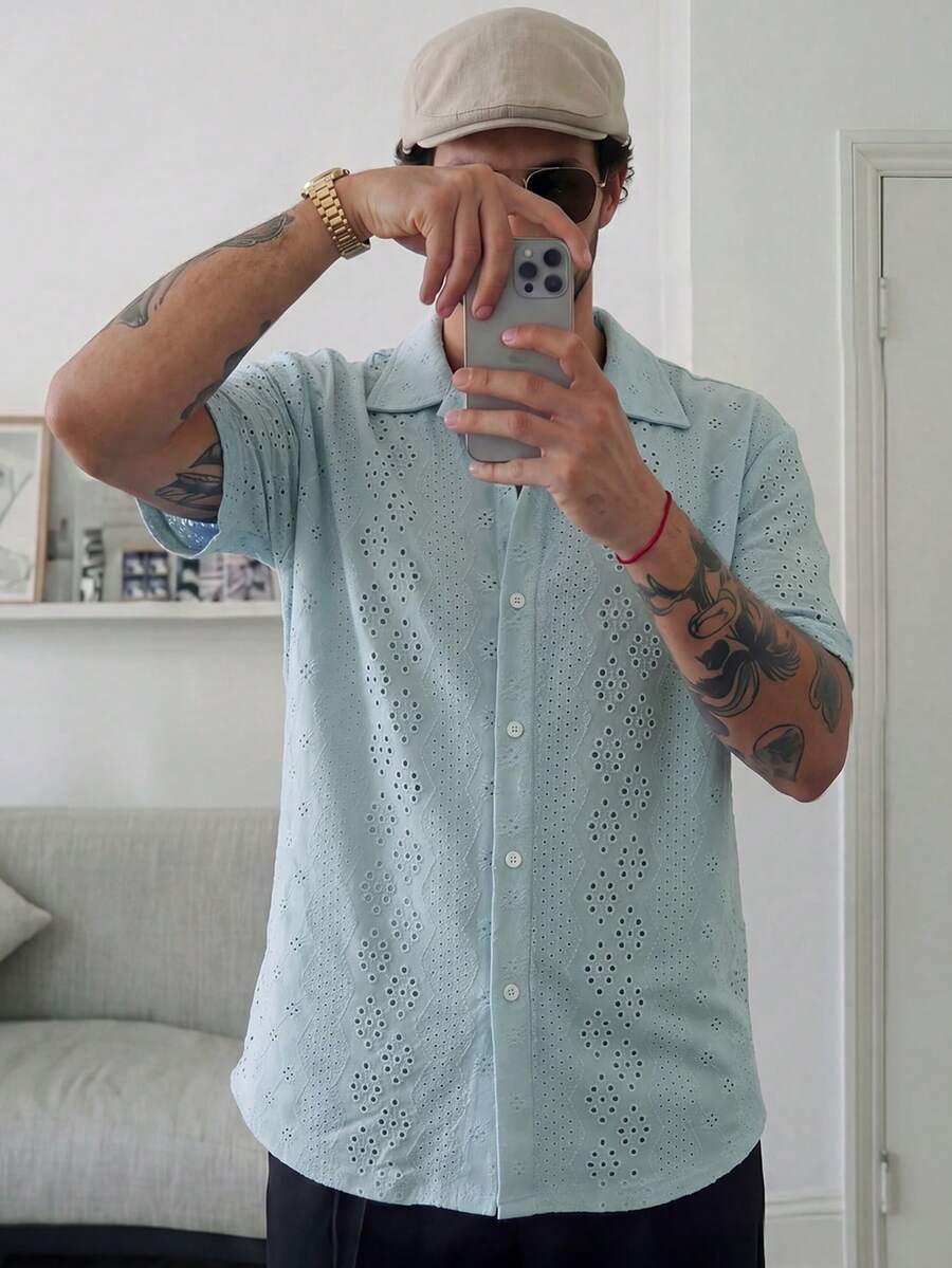 Mens Short Sleeve Crochet Shirt Jacquard Stripe Loose Fit – Darco