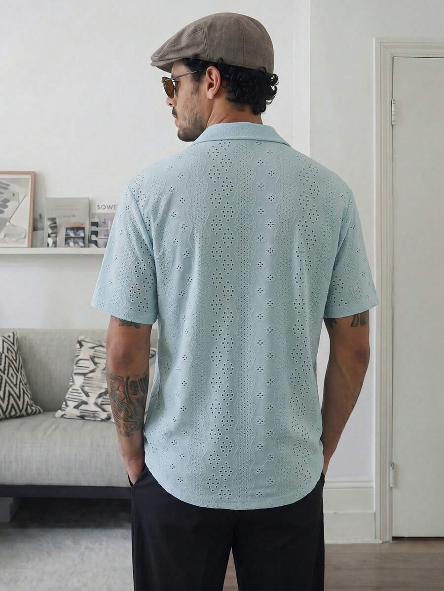 Mens Short Sleeve Crochet Shirt Jacquard Stripe Loose Fit – Darco