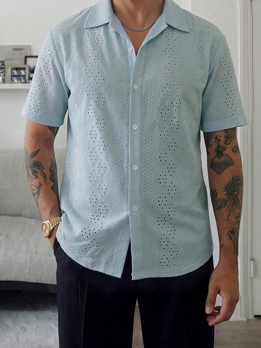 Mens Short Sleeve Crochet Shirt Jacquard Stripe Loose Fit – Darco