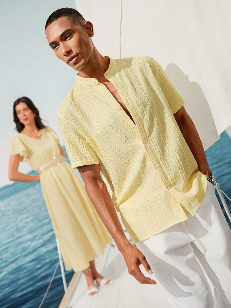 Mens Short Sleeve Crochet Knit Shirt Open Weave Casual Summer