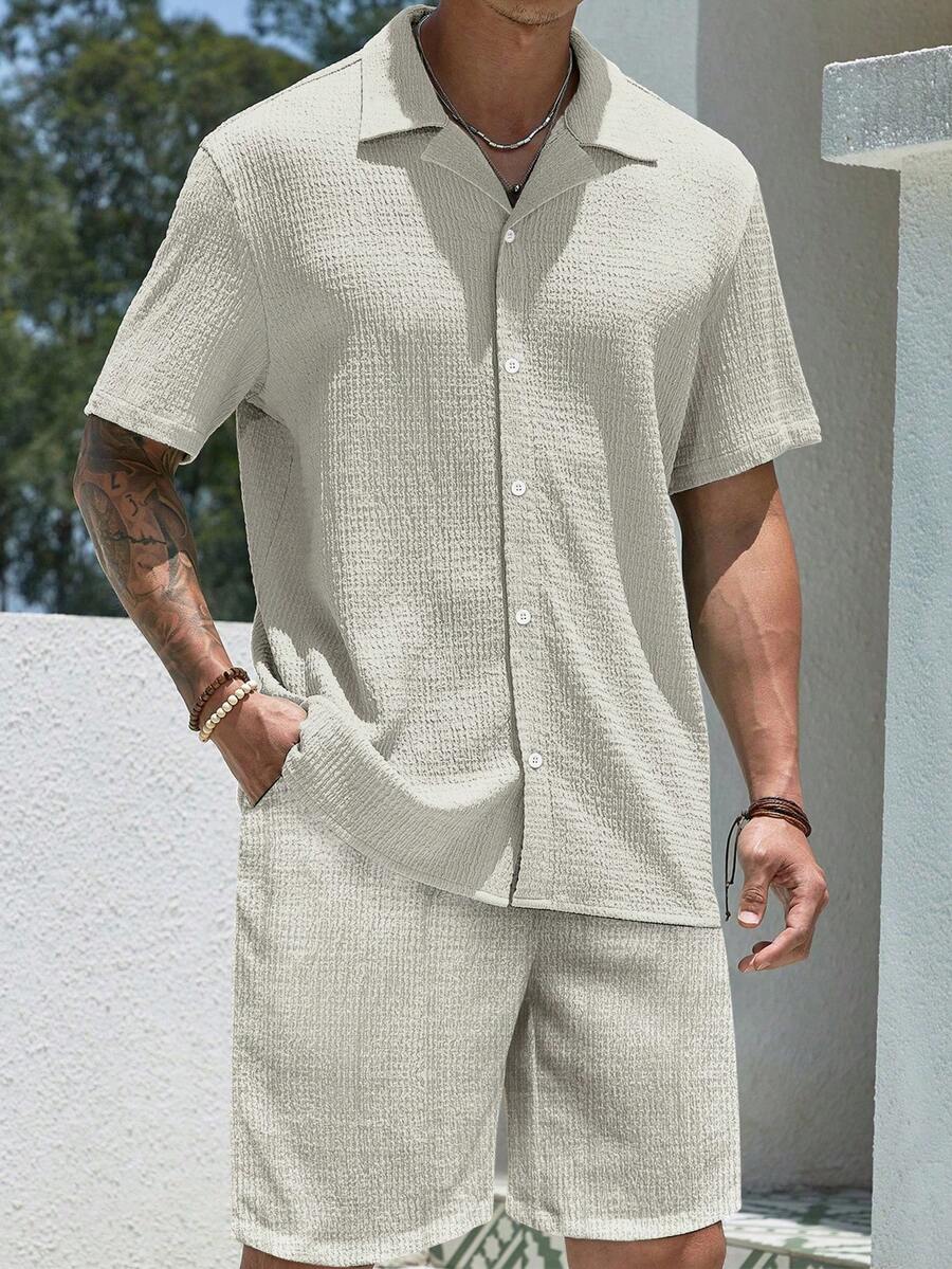 Mens Pant and Shirt Set Jacquard Short Sleeve Button-Up – Vornel