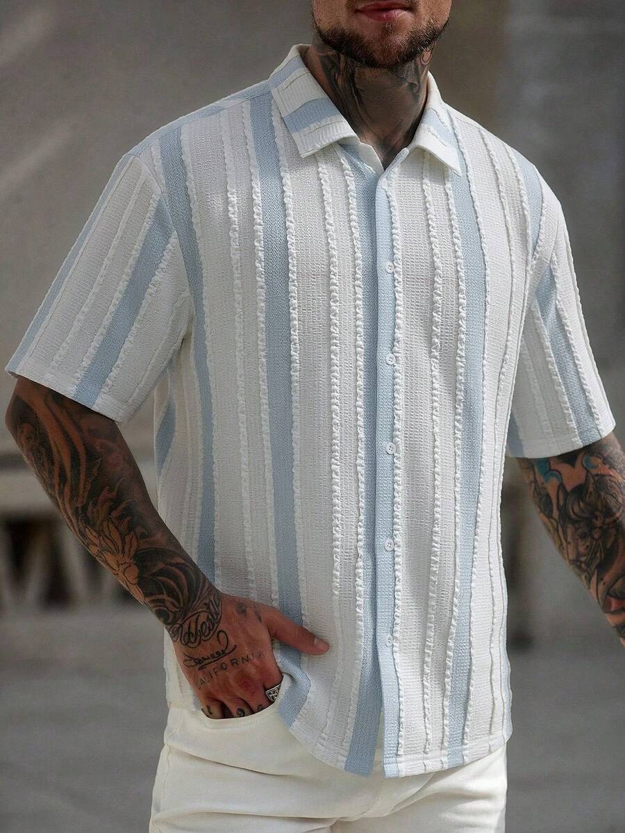 Mens Short Sleeve Crochet Knit Shirt Open Weave Casual Summer
