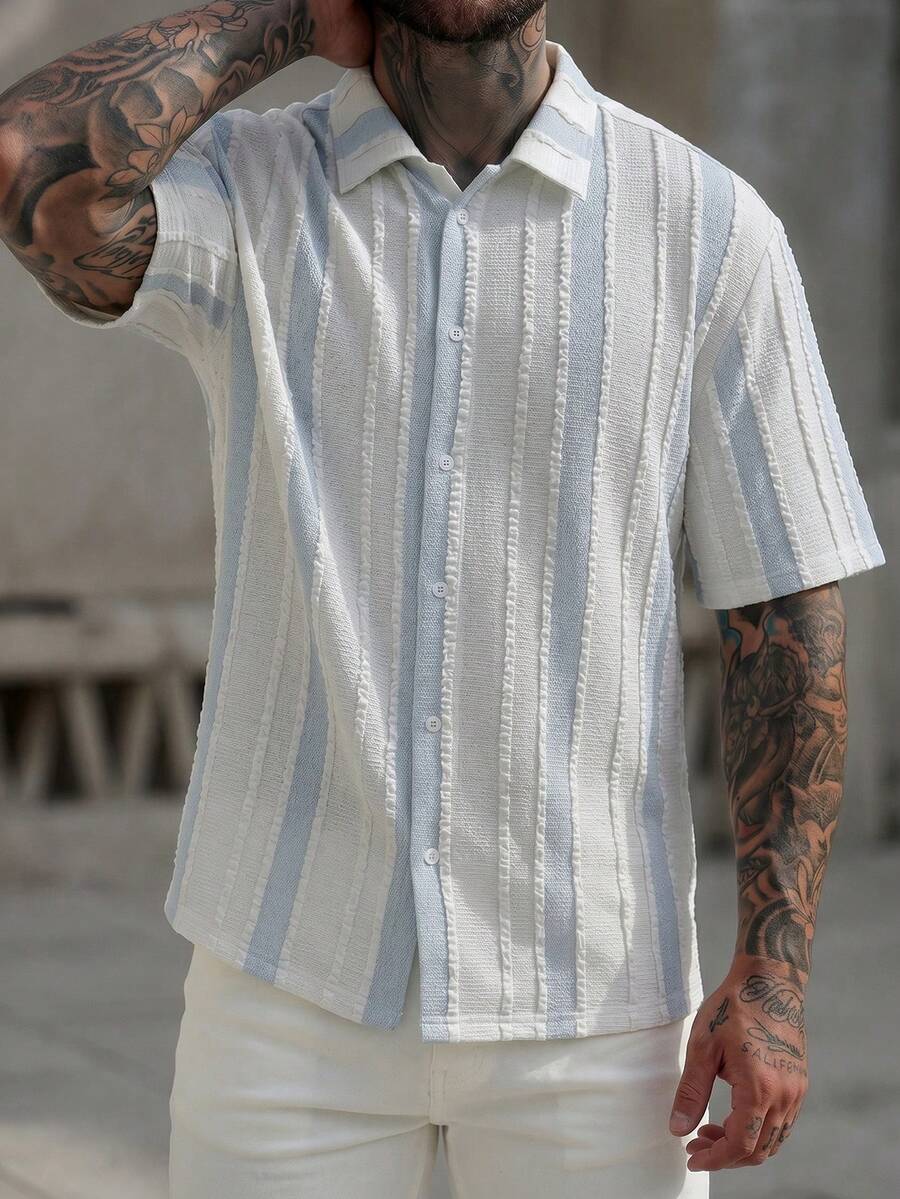 Mens Short Sleeve Crochet Knit Shirt Open Weave Casual Summer