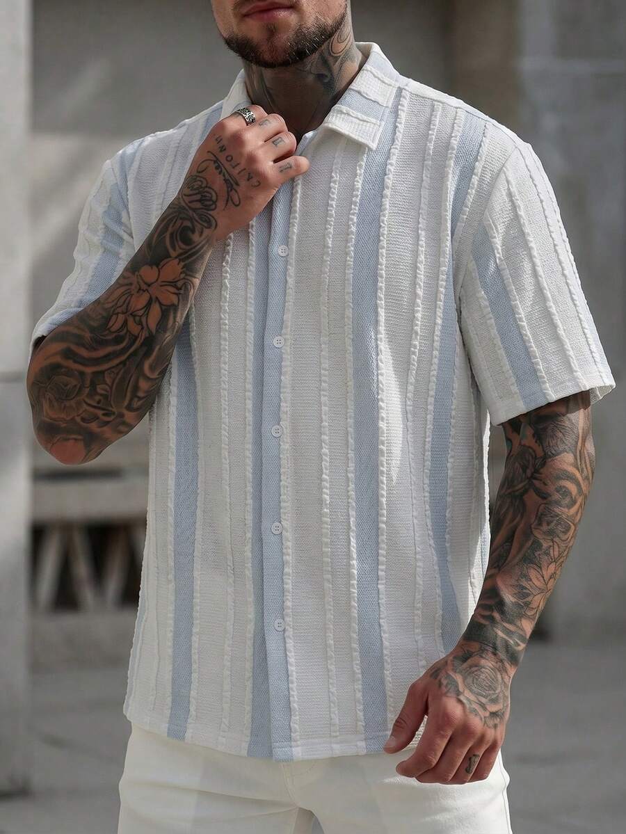 Mens Short Sleeve Crochet Knit Shirt Open Weave Casual Summer