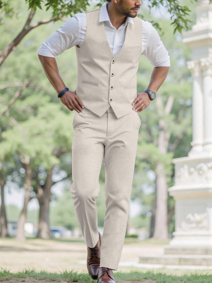 Mens Pant and Vest Set Woven Polyester V-Neck Sleeveless 2-Piece Formal – Galso