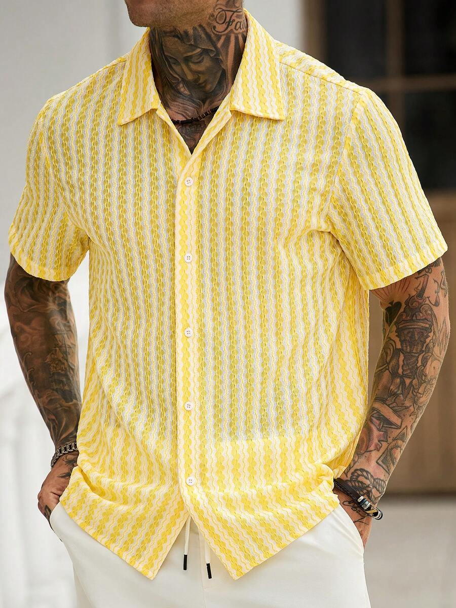 Mens Short Sleeve Crochet Knit Shirt Open Weave Casual Summer