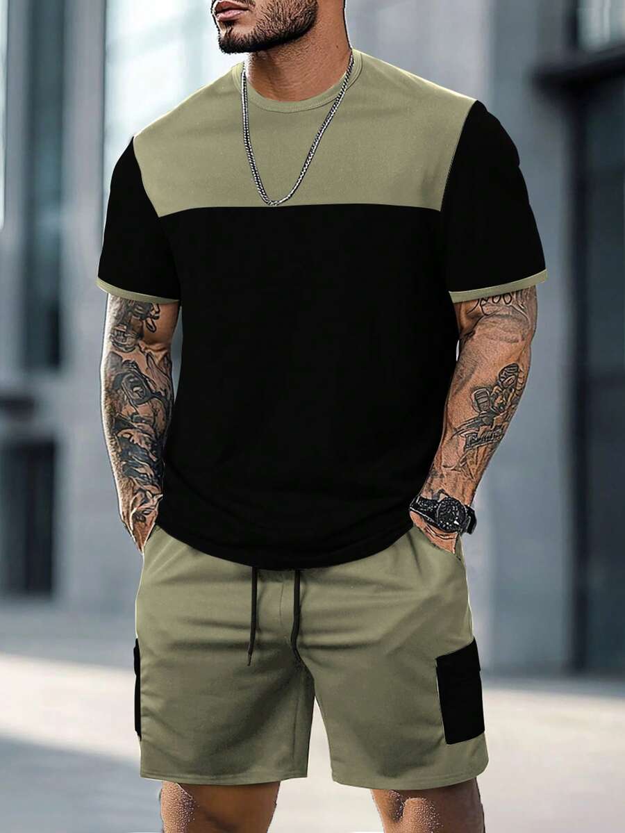 Mens T-Shirt and Shorts Set Color Block Crewneck Short Sleeve – Valco