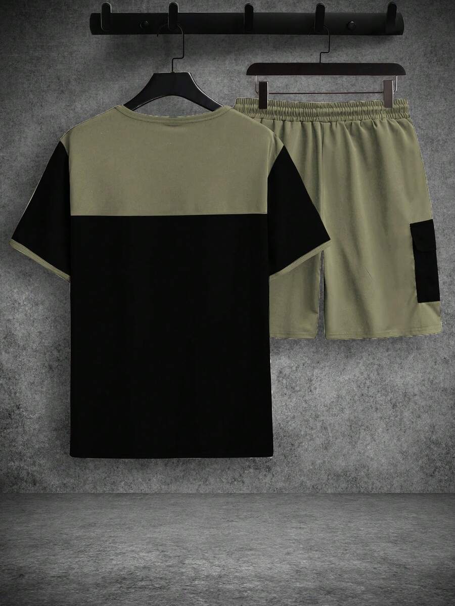 Mens T-Shirt and Shorts Set Color Block Crewneck Short Sleeve – Valco