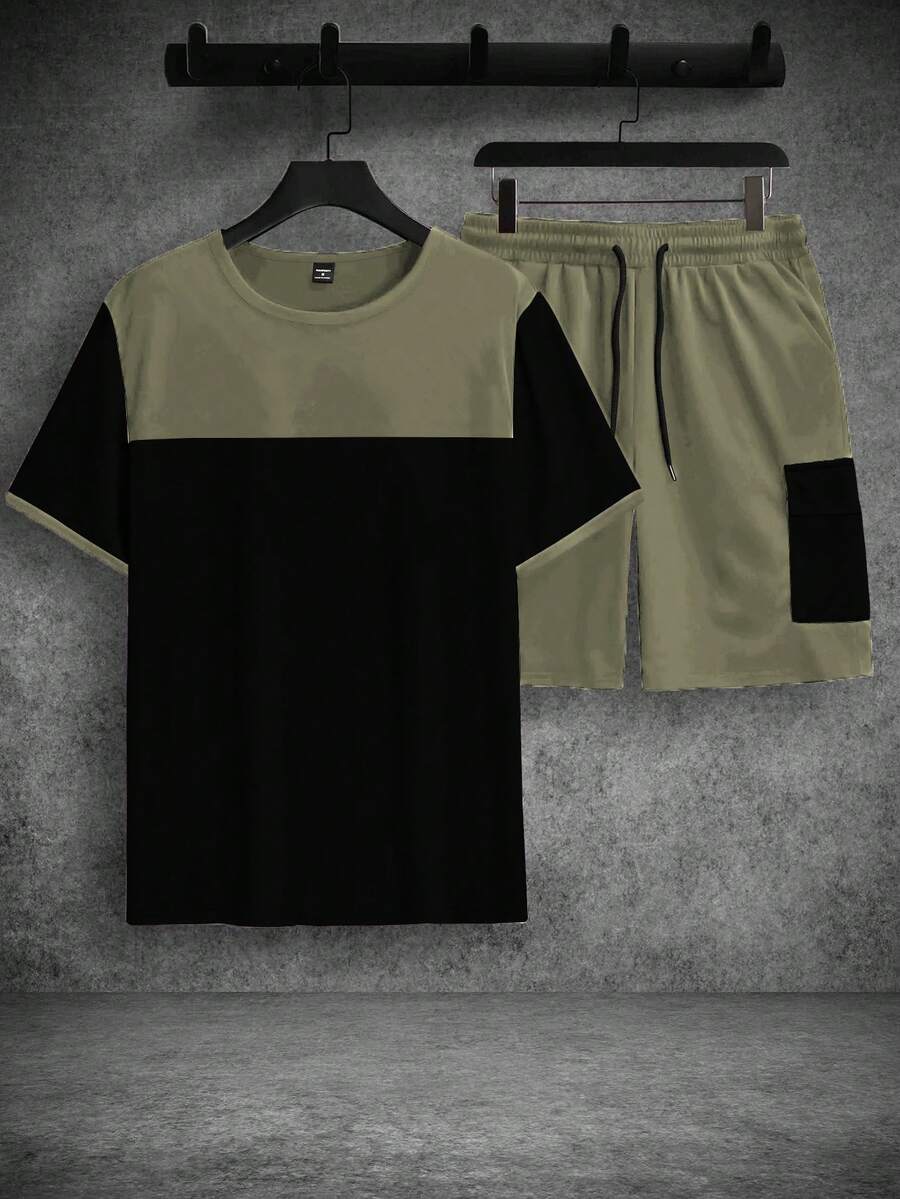 Mens T-Shirt and Shorts Set Color Block Crewneck Short Sleeve – Valco