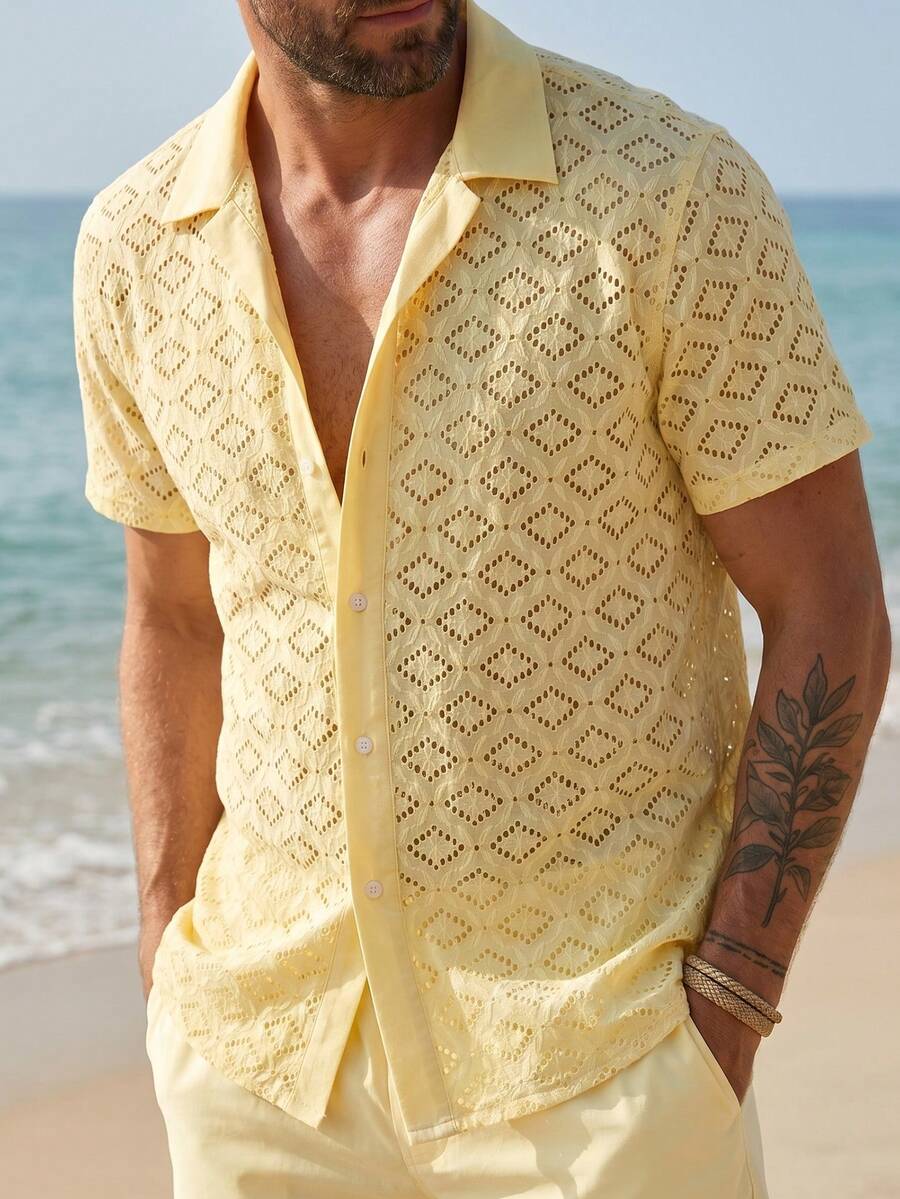Mens Short Sleeve Crochet Knit Shirt Open Weave Casual Summer