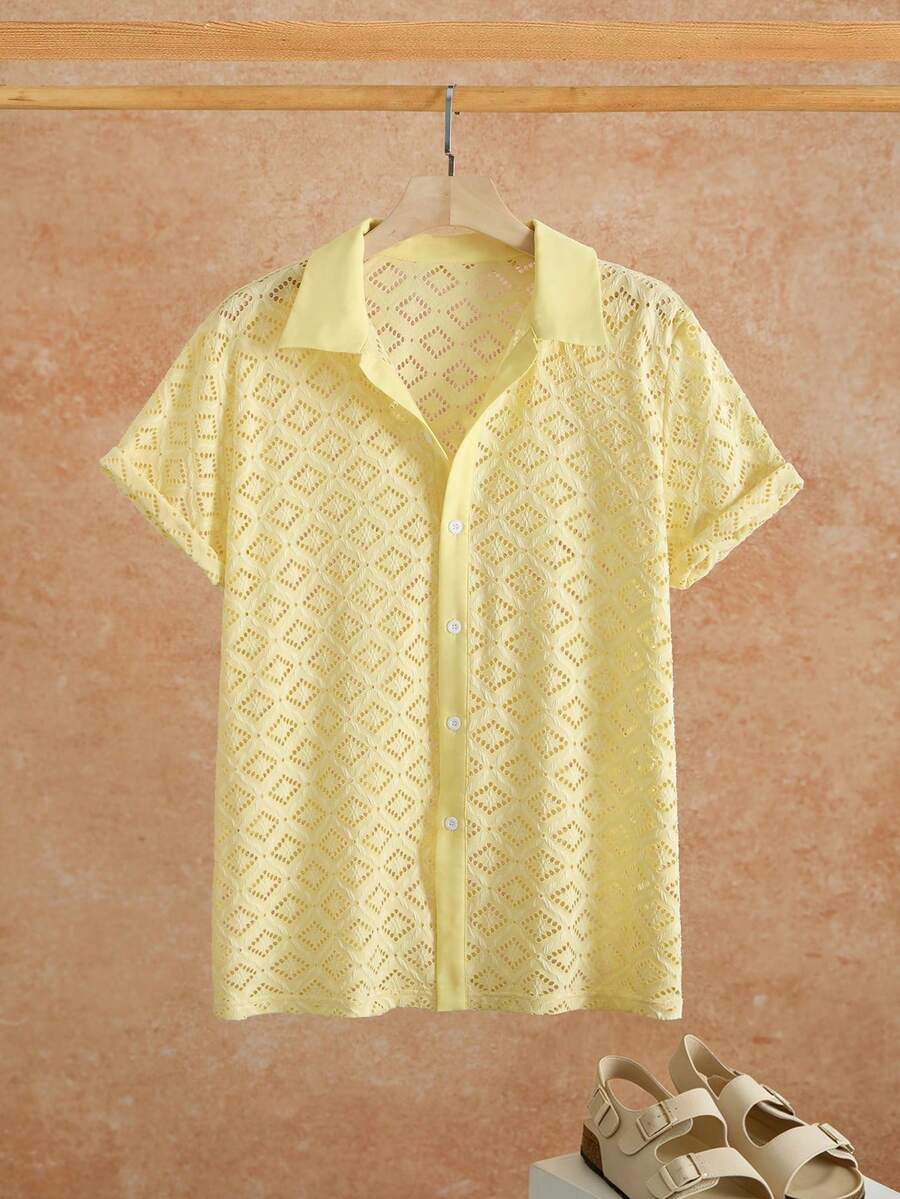 Mens Short Sleeve Crochet Knit Shirt Open Weave Casual Summer
