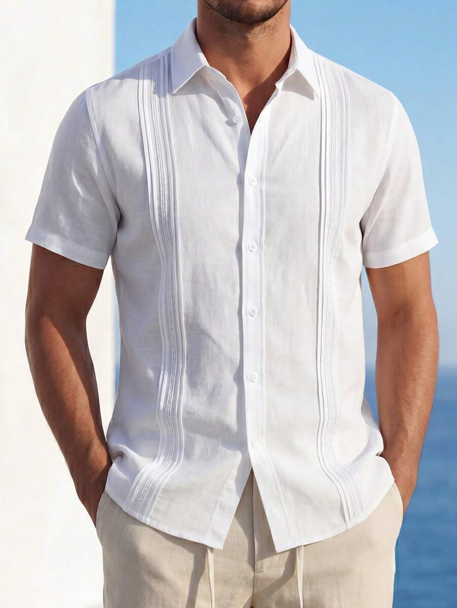 Mens Short Sleeve Button-Down Shirt Polyester Blend Regular Fit – Faldon