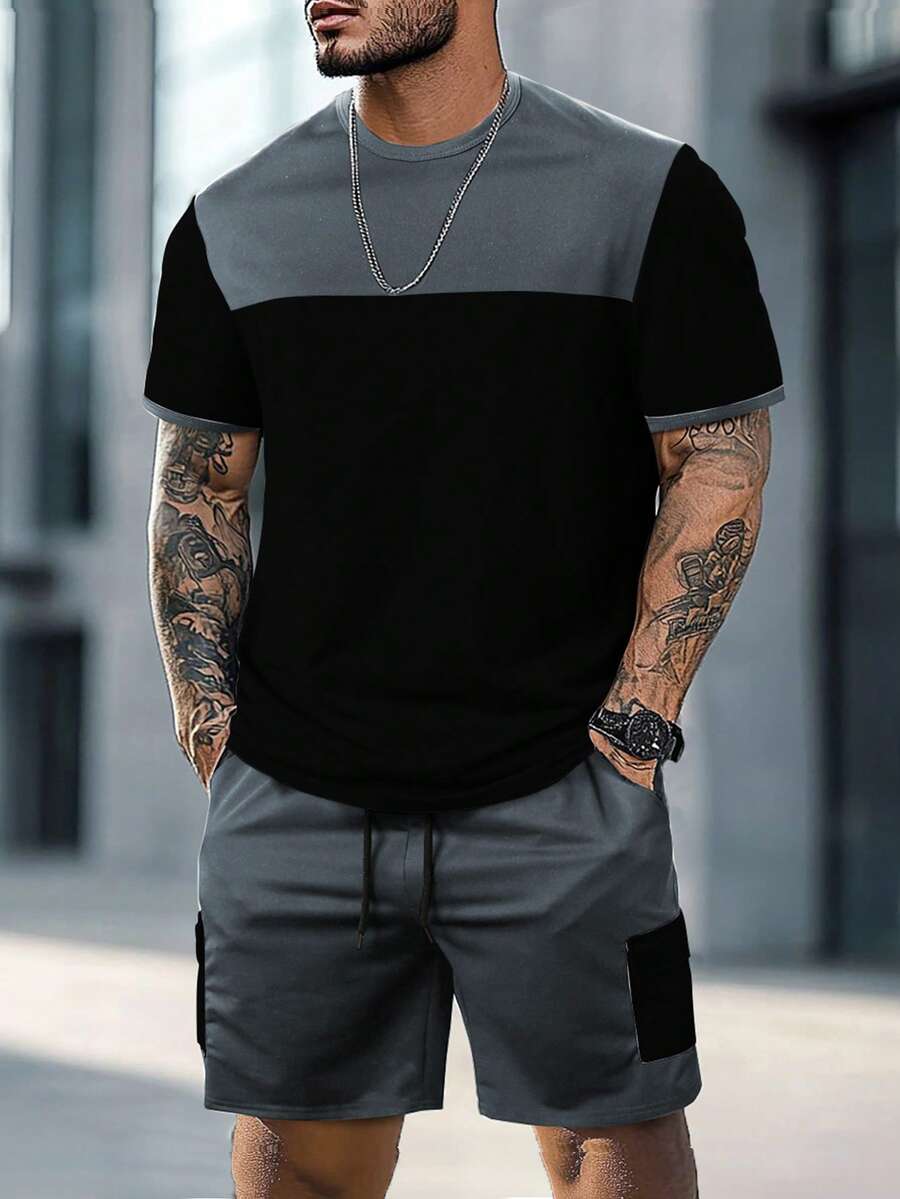 Mens T-Shirt and Shorts Set Color Block Crewneck Short Sleeve – Valco