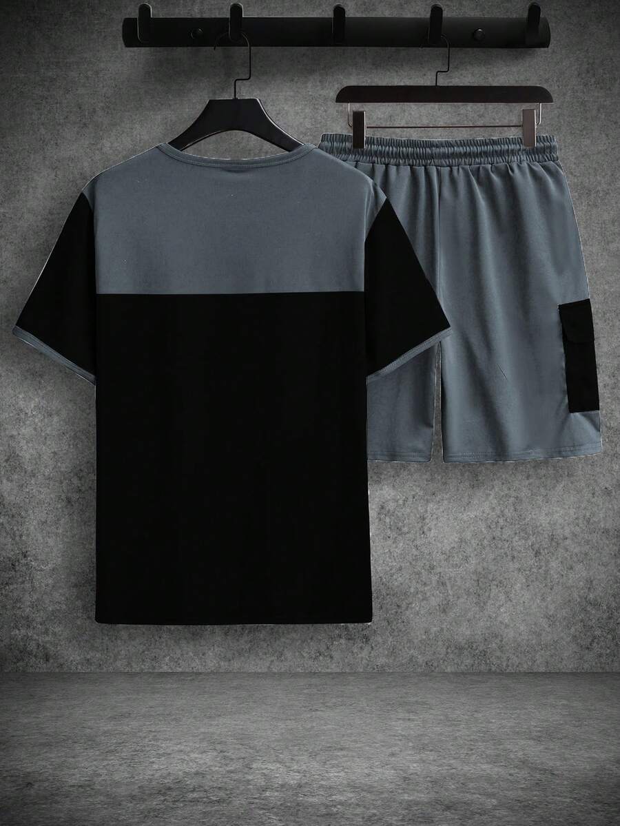 Mens T-Shirt and Shorts Set Color Block Crewneck Short Sleeve – Valco