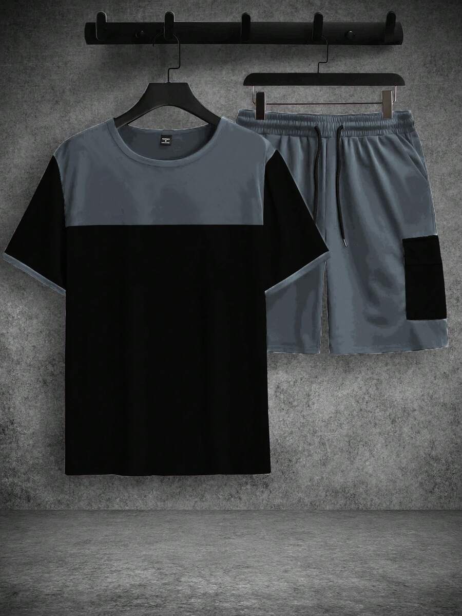 Mens T-Shirt and Shorts Set Color Block Crewneck Short Sleeve – Valco