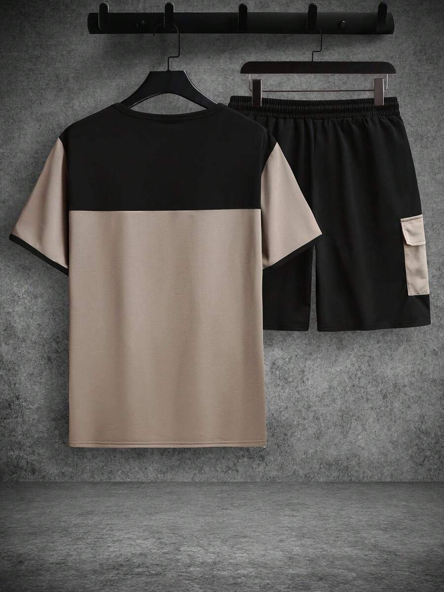 Mens T-Shirt and Shorts Set Color Block Crewneck Short Sleeve – Valco