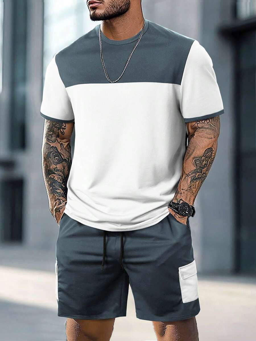 Mens T-Shirt and Shorts Set Color Block Crewneck Short Sleeve – Valco