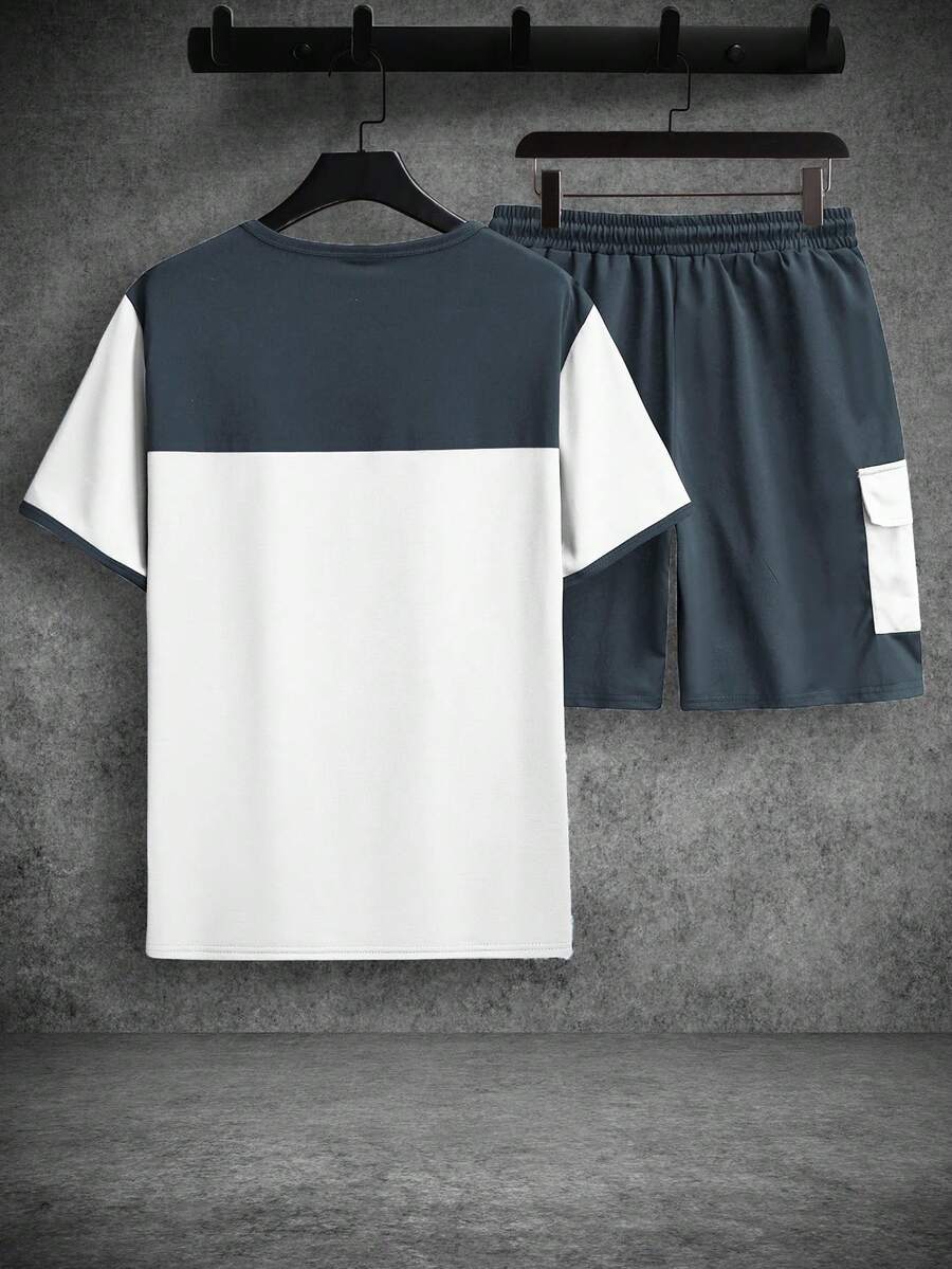 Mens T-Shirt and Shorts Set Color Block Crewneck Short Sleeve – Valco