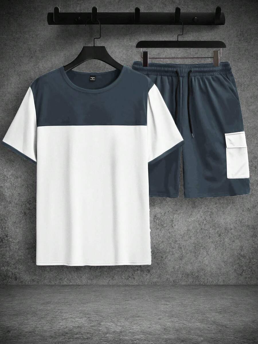 Mens T-Shirt and Shorts Set Color Block Crewneck Short Sleeve – Valco