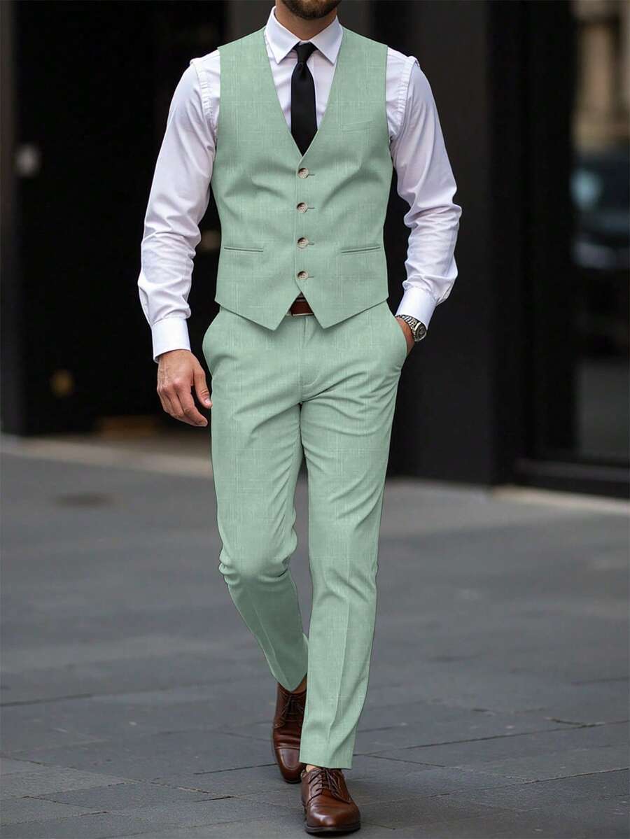 Mens Pant and Vest Set Woven Polyester V-Neck Sleeveless 2-Piece Formal – Galso