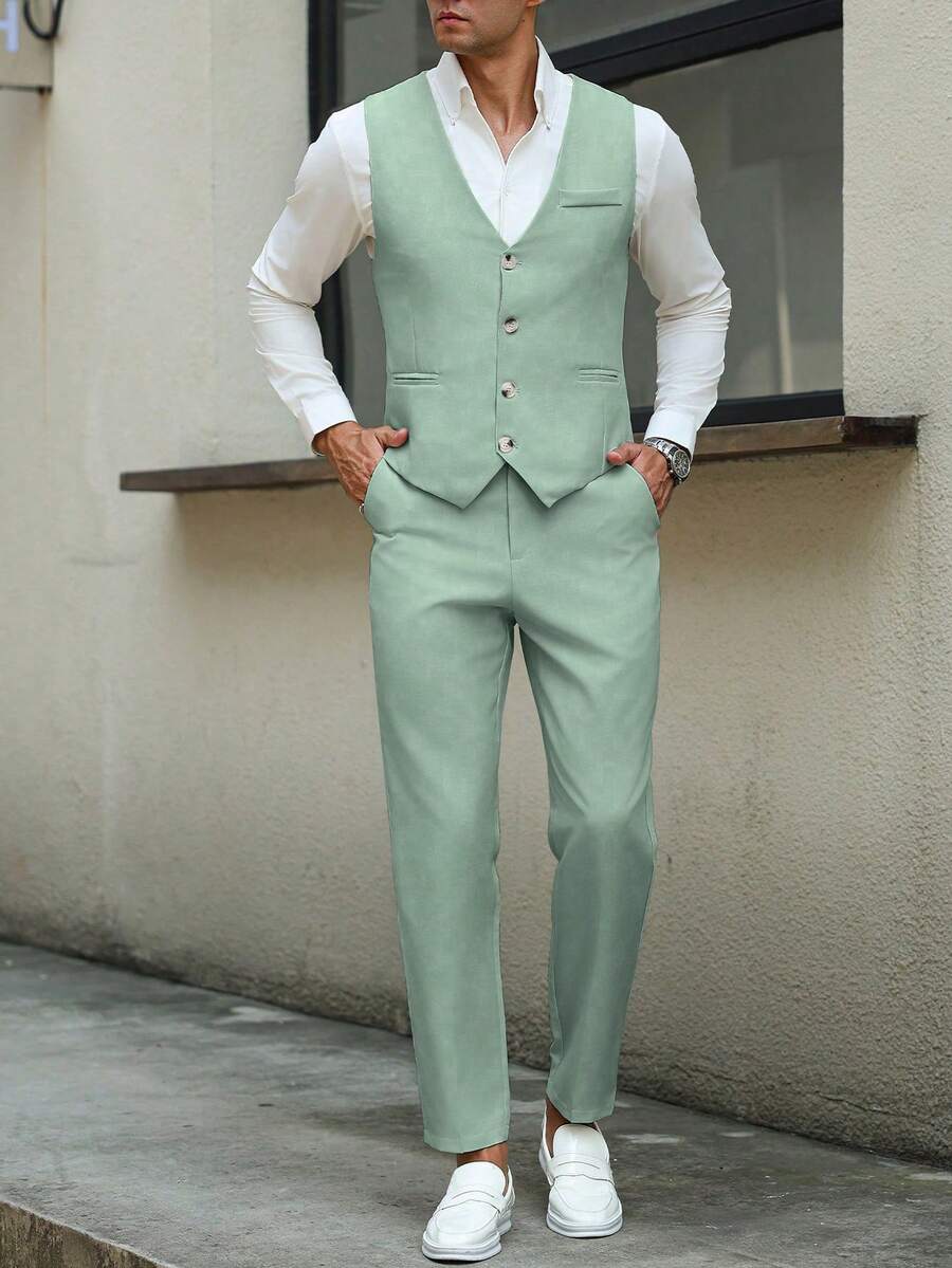 Mens Pant and Vest Set Woven Polyester V-Neck Sleeveless 2-Piece Formal – Galso