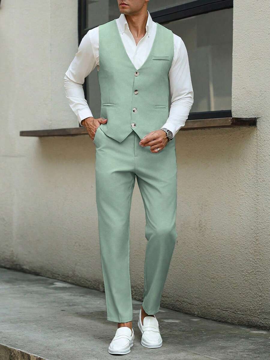 Mens Pant and Vest Set Woven Polyester V-Neck Sleeveless 2-Piece Formal – Galso