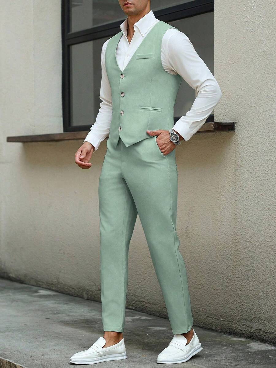 Mens Pant and Vest Set Woven Polyester V-Neck Sleeveless 2-Piece Formal – Galso