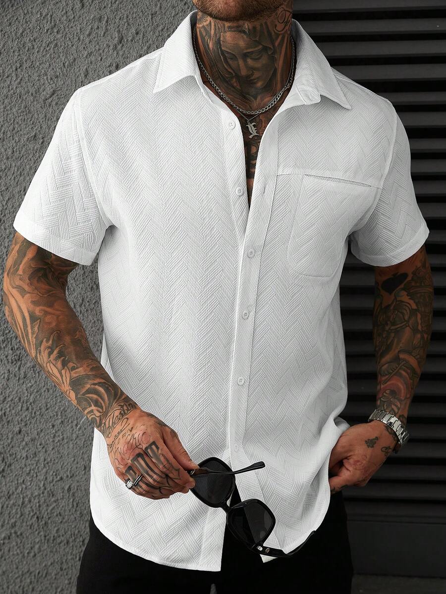 Mens Short Sleeve Shirt Solid Color Single-Breasted Casual – Vanto