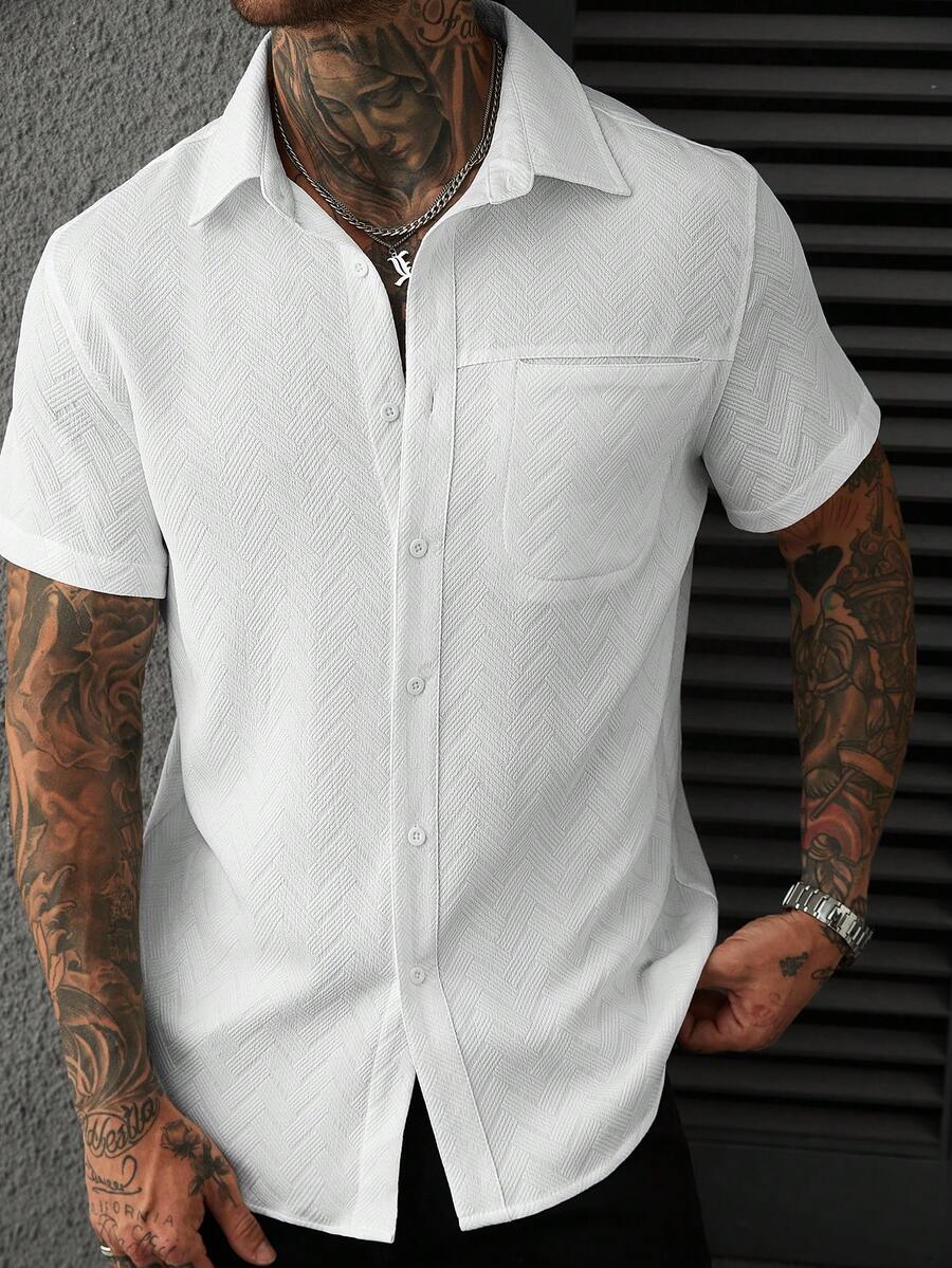 Mens Short Sleeve Shirt Solid Color Single-Breasted Casual – Vanto