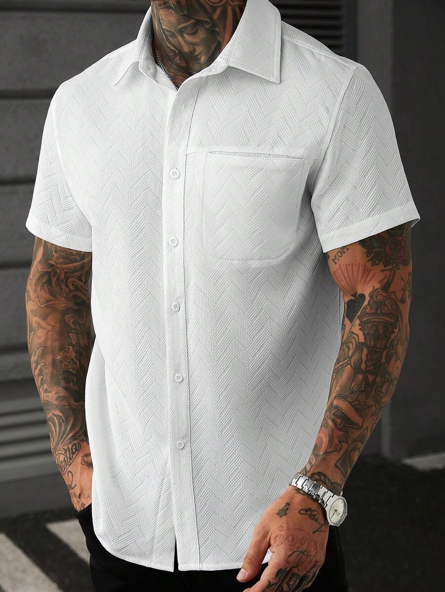 Mens Short Sleeve Shirt Solid Color Single-Breasted Casual – Vanto