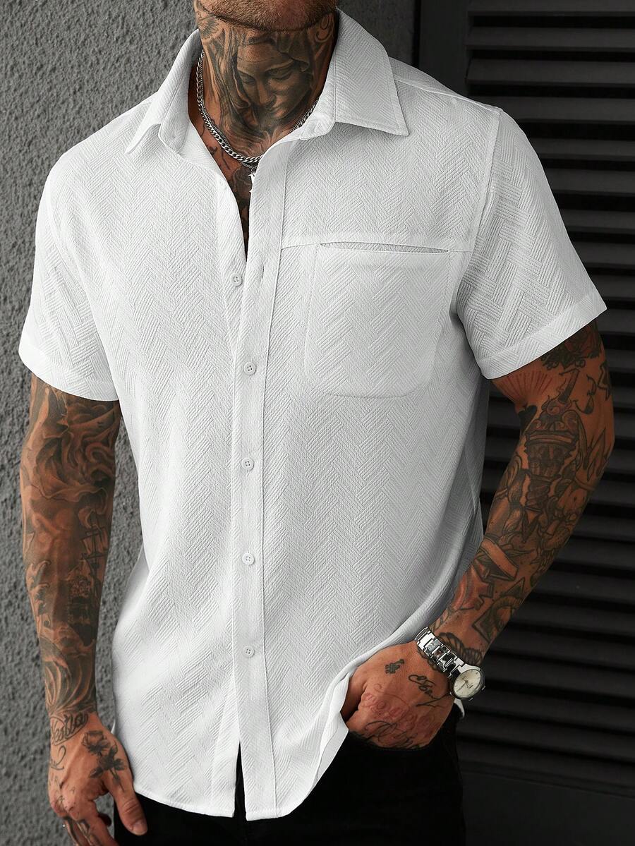 Mens Short Sleeve Shirt Solid Color Single-Breasted Casual – Vanto