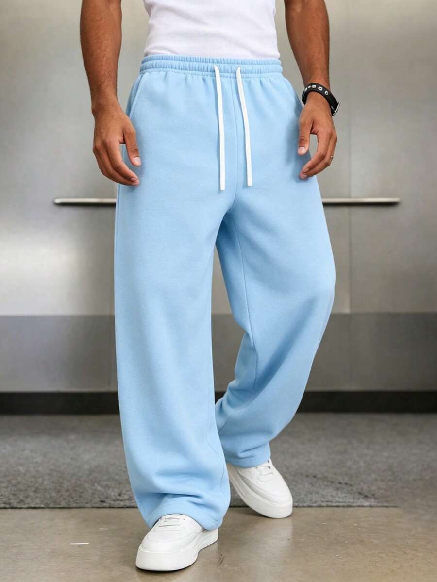 Mens Pant Wide Leg Drawstring Sweatpant Solid Relaxed Fit – Vorval
