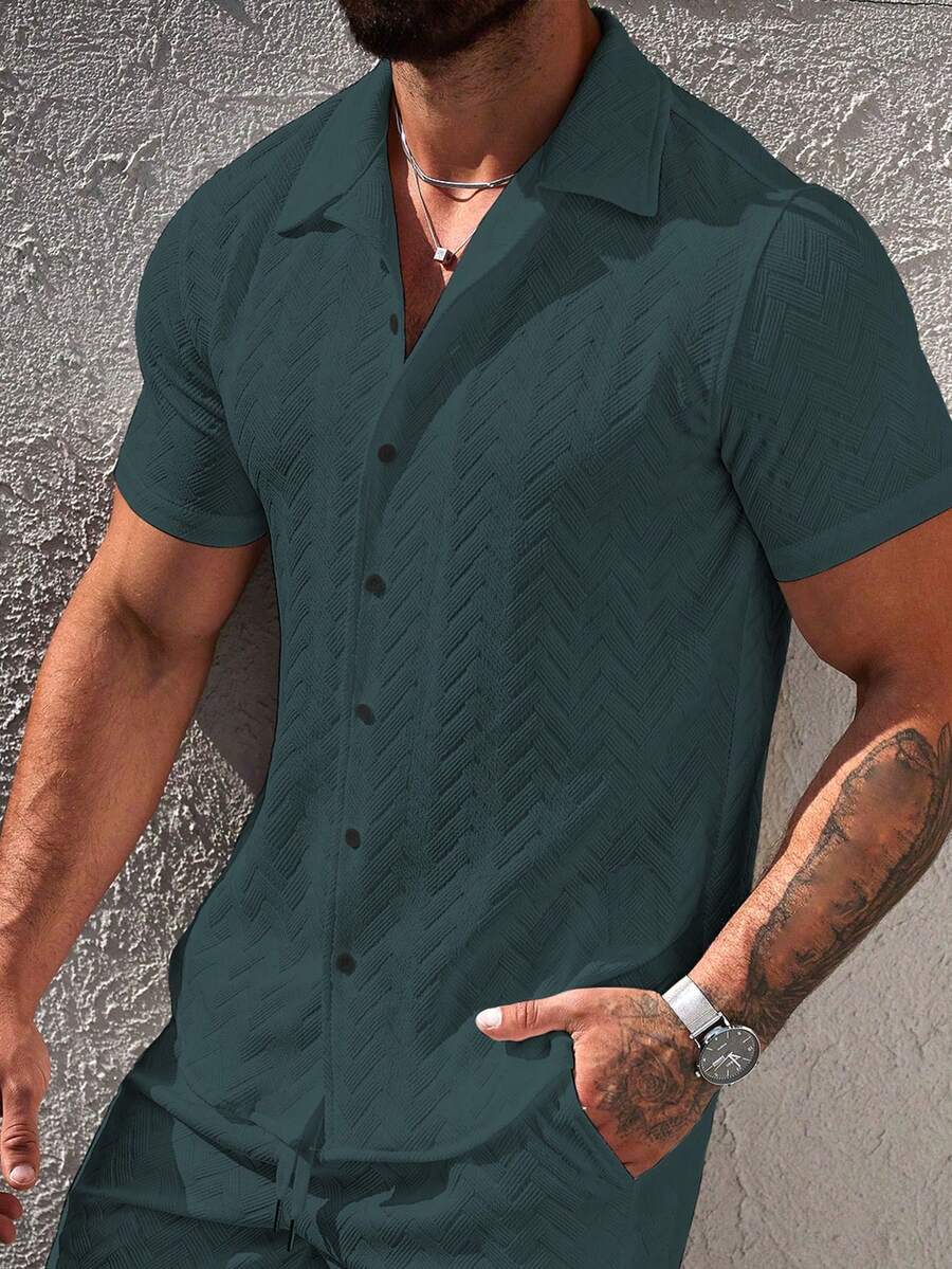 Mens Short Sleeve Shirt Solid Color Single-Breasted Casual – Vanto