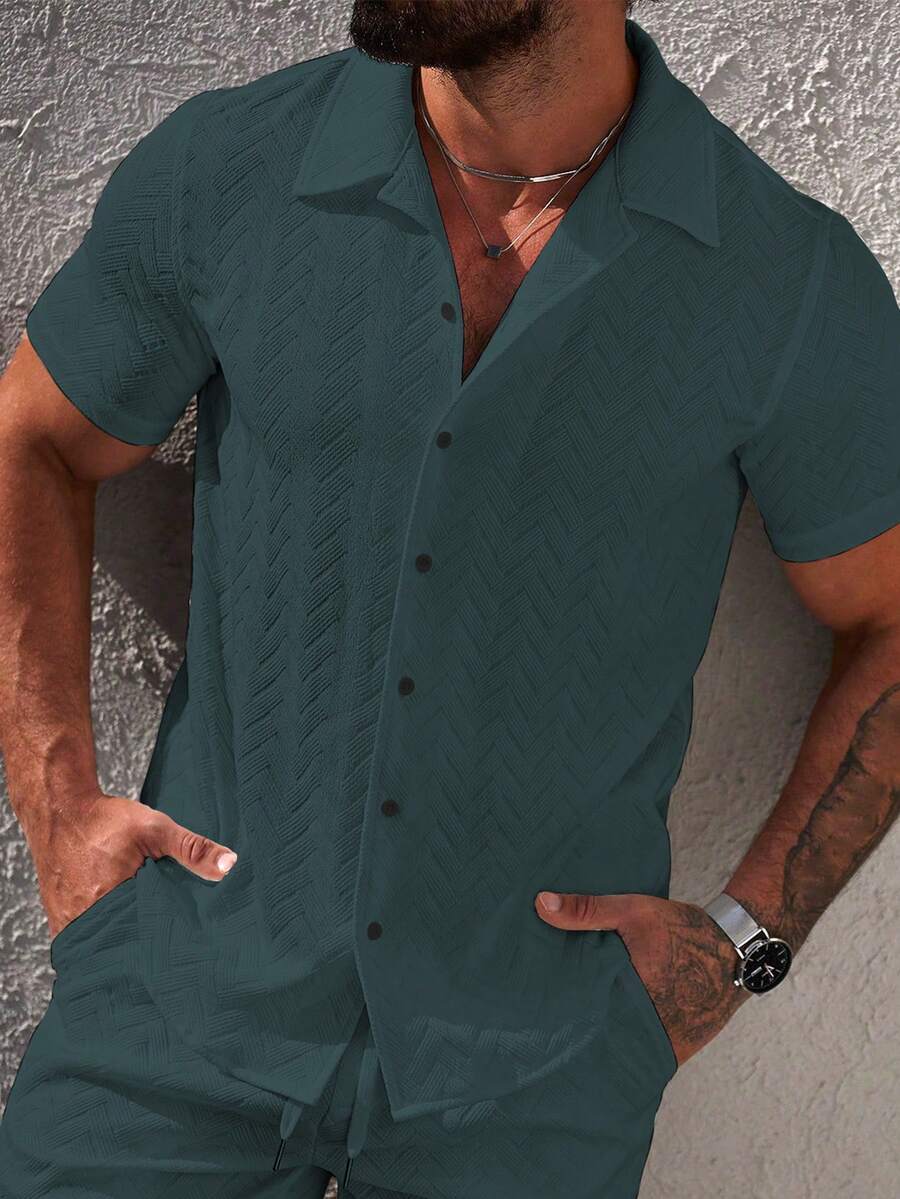 Mens Short Sleeve Shirt Solid Color Single-Breasted Casual – Vanto