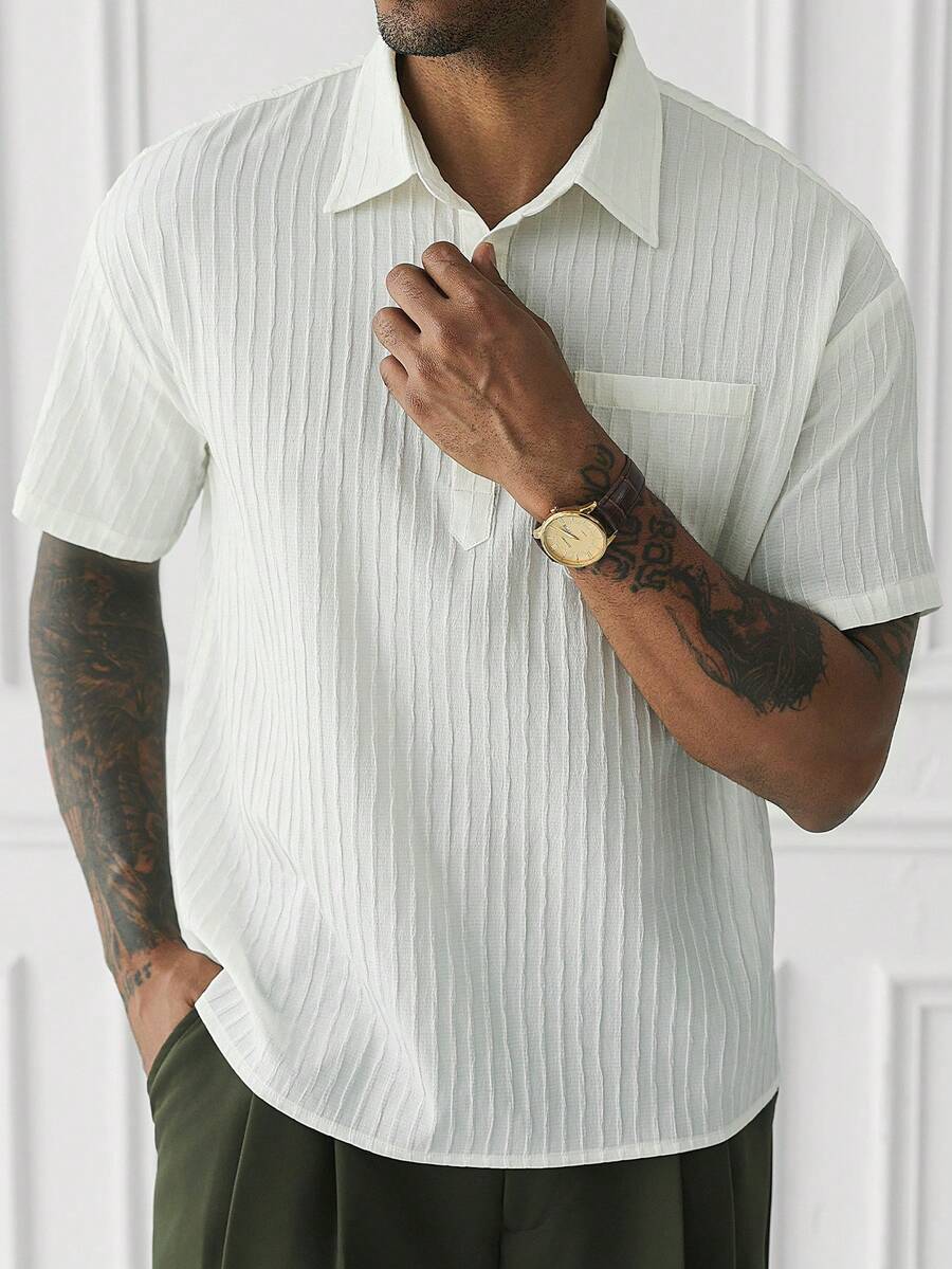 Mens Short Sleeve Crochet Shirt Jacquard Stripe Loose Fit – Darco